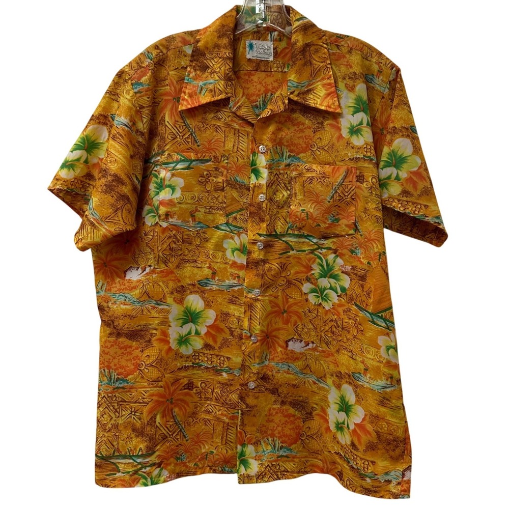 Vintage Waikiki Holiday Hawaiian Shirt Orange Tropical Floral Surfer Men's